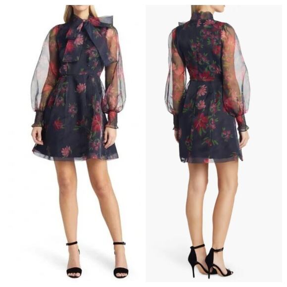 New NoTag Rachel Parcell Floral Tie Neck Long Sleeve Organza Satin Dress Size 4 - Picture 1 of 8
